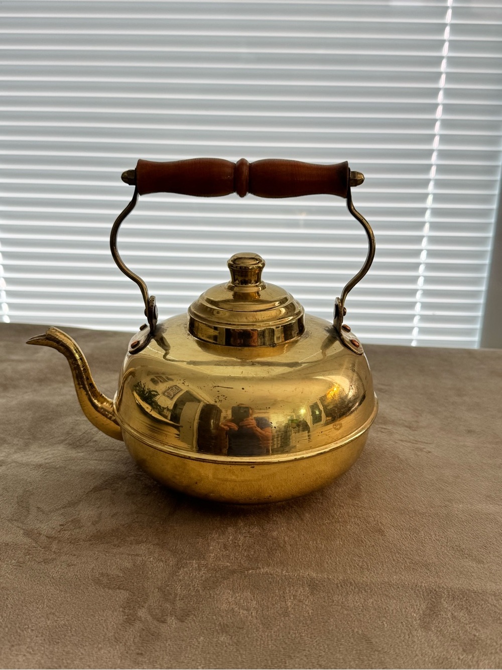 Vintage Petite Brass Tea Kettle with Wooden Handle - Polished Brass Finish